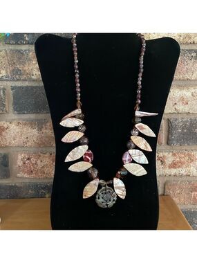 Dark Amber, Abalone shell, and Aztec style stone pendant vintage necklace